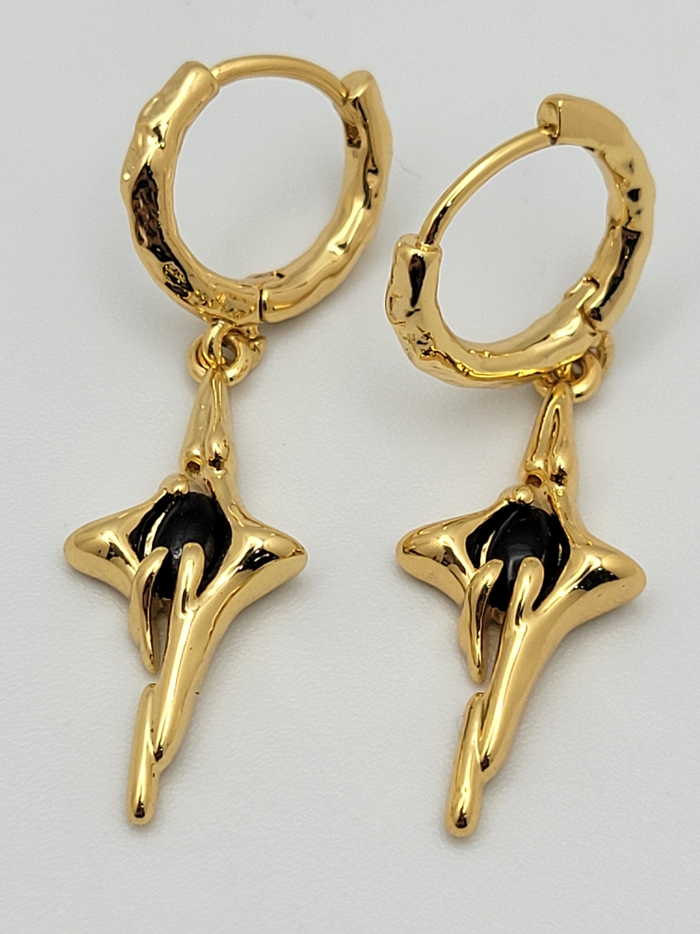 Gold Tone Black Enamel 4 Point Star Huggie Hoop Dangle Earrings Celestial Edgy
